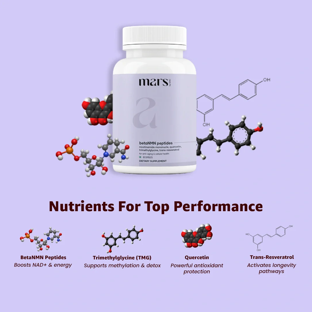 Mars BetaNMN Peptides for Cellular Revitalization, Anti-Aging & Longevity Boost | Capsules powered by Trimethylglycine & Quercetin (60 Capsules) - Image 10