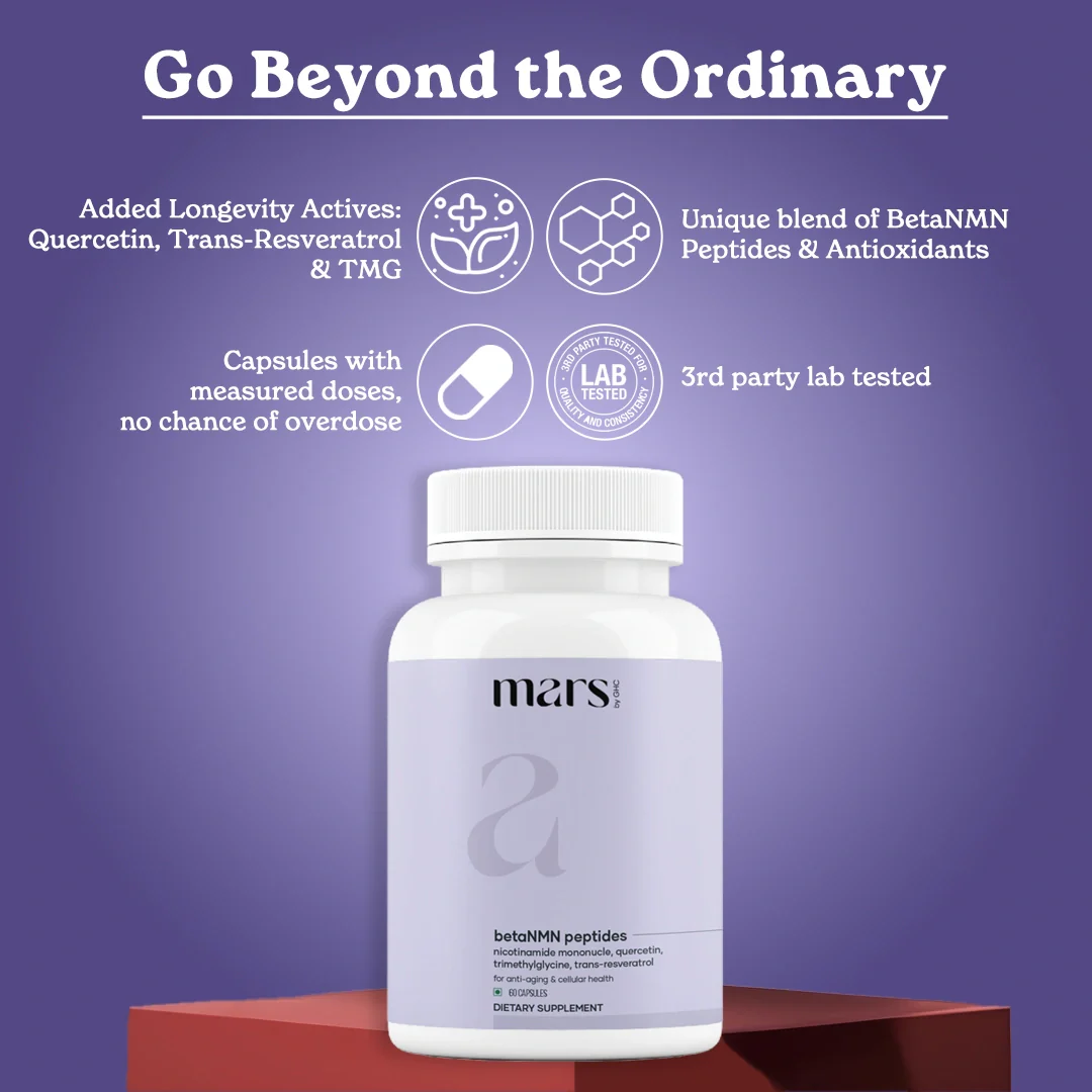 Mars BetaNMN Peptides for Cellular Revitalization, Anti-Aging & Longevity Boost | Capsules powered by Trimethylglycine & Quercetin (60 Capsules) - Image 4