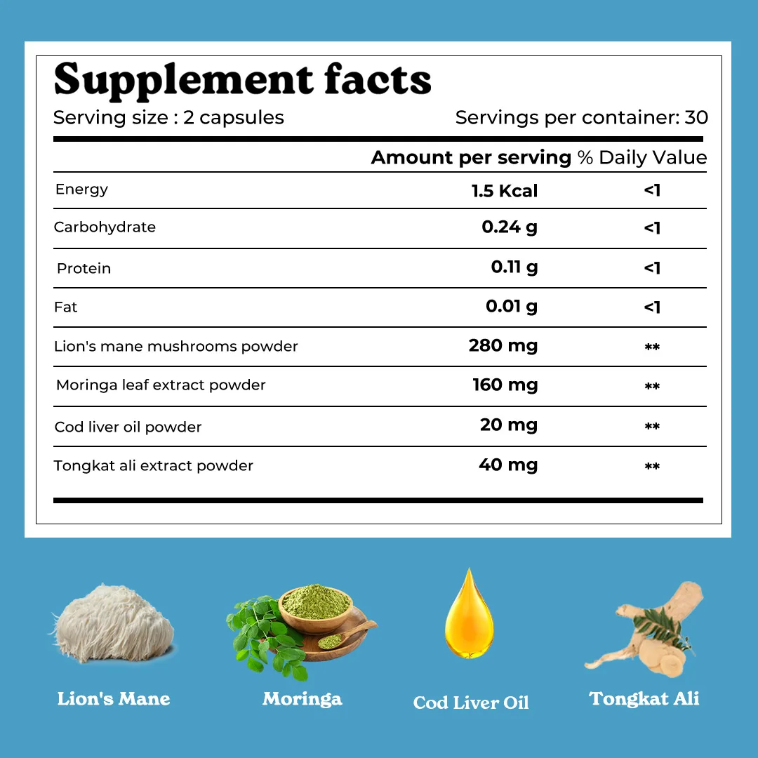 Mars Lions Mane Caps: Energy & Mental Support Supplement With Tongkat Ali & Moringa - Image 8