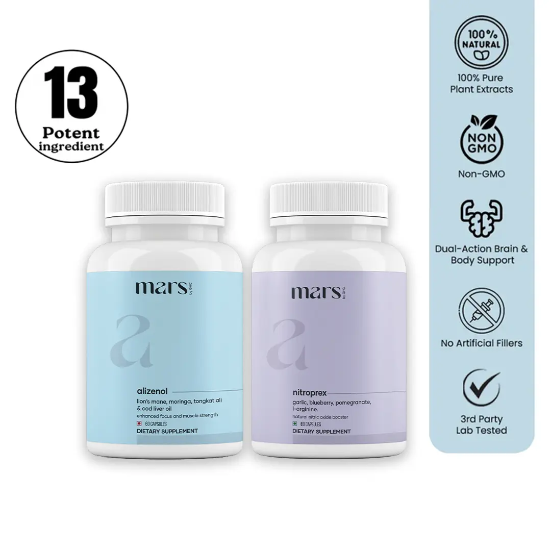 Mars SizeOMax Combo: Dual Action NitroPrex & Alizenol Stack for Blood Flow, Size & Performance